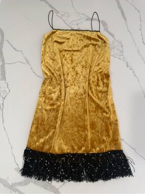Topshop Custom Gold Velvet Fringe Slip Dress Sz 4